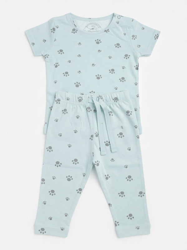 Baby Sea Green Paw Print T-Shirt and Pants Set