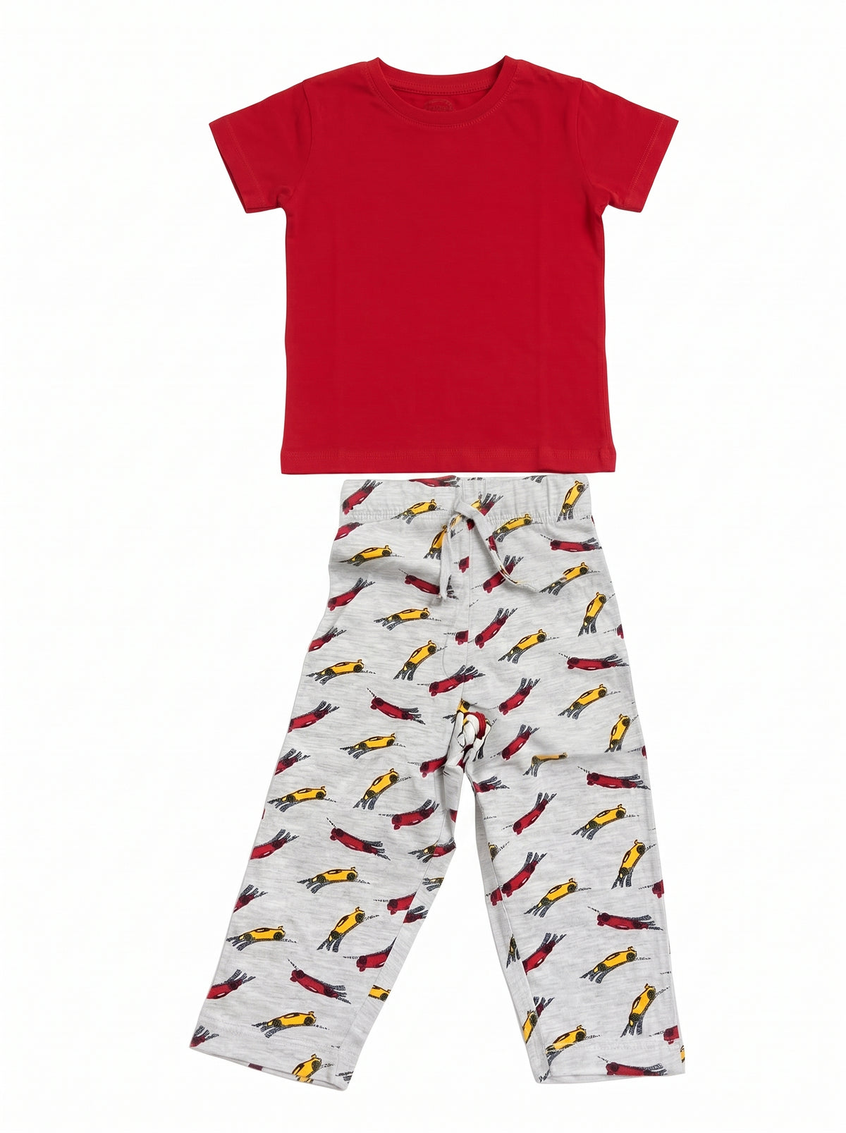 Baby Red T-Shirt and Race Car Pants Set — Red cotton babywear, front view