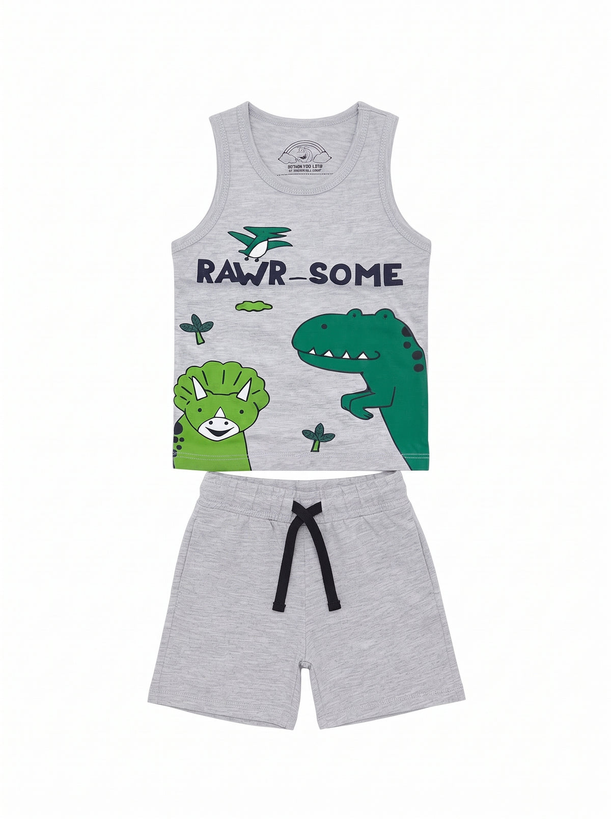 Baby Grey Rawr-Some Dinosaur Tank and Shorts Set — Grey cotton babywear, front view