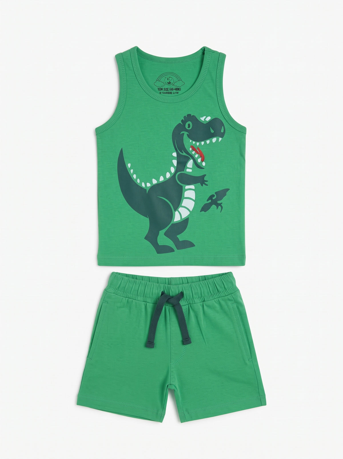 Baby Green T-Rex Tank and Shorts Set — Green cotton babywear, front view