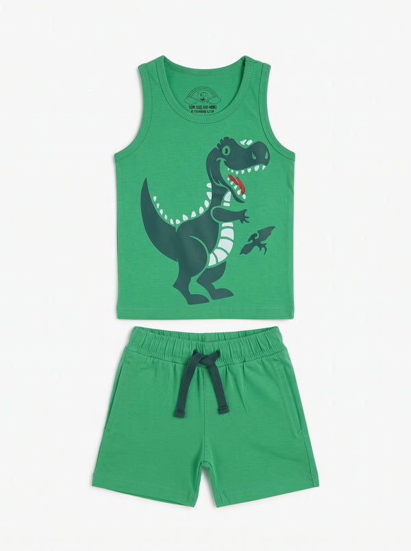 Baby Green T-Rex Tank and Shorts Set — Green cotton babywear, front view
