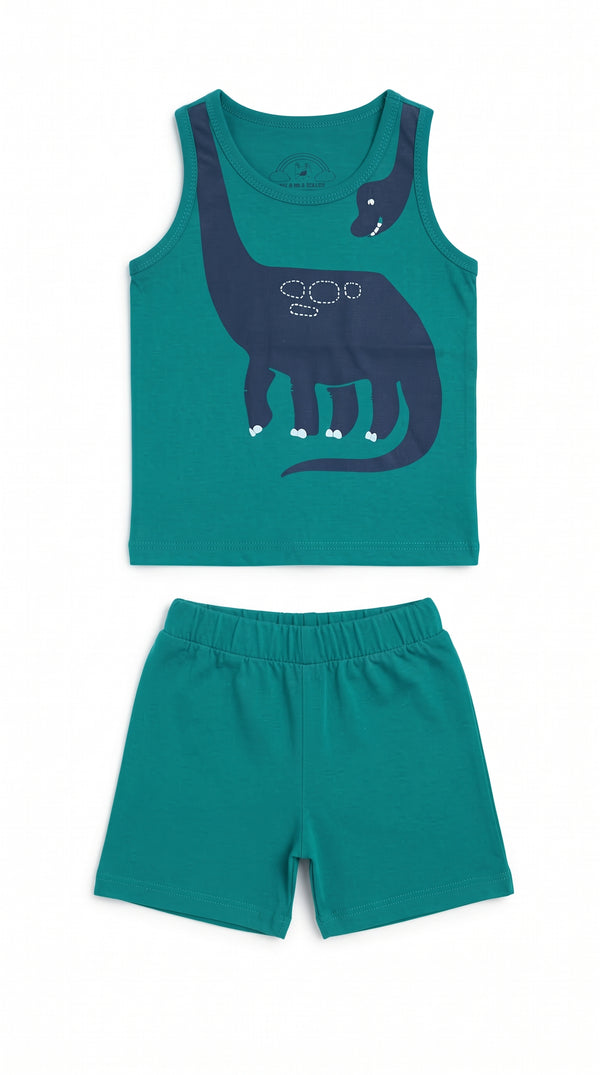 Baby Teal Long Neck Dinosaur Tank and Shorts Set — Teal Green cotton babywear, front view