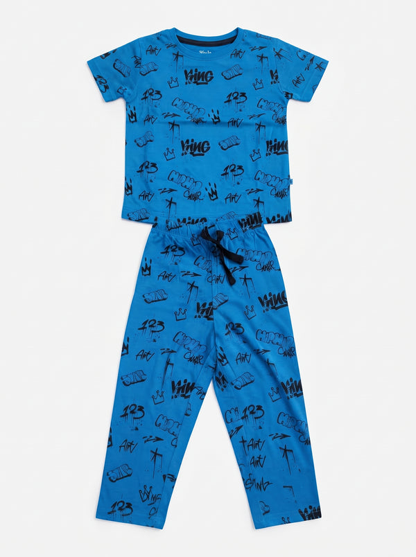 Kids Blue Graffiti King T-Shirt and Pants Set — Blue cotton babywear, front view