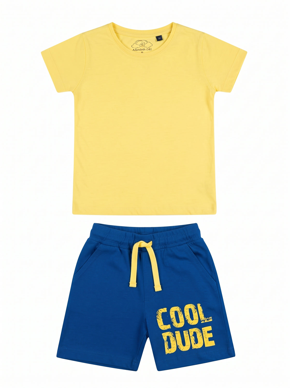 Kids Yellow T-Shirt and Blue Cool Dude Shorts Set — Yellow cotton babywear, front view