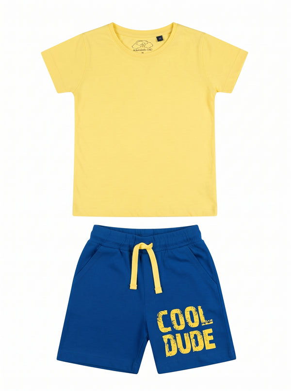 Kids Yellow T-Shirt and Blue Cool Dude Shorts Set — Yellow cotton babywear, front view