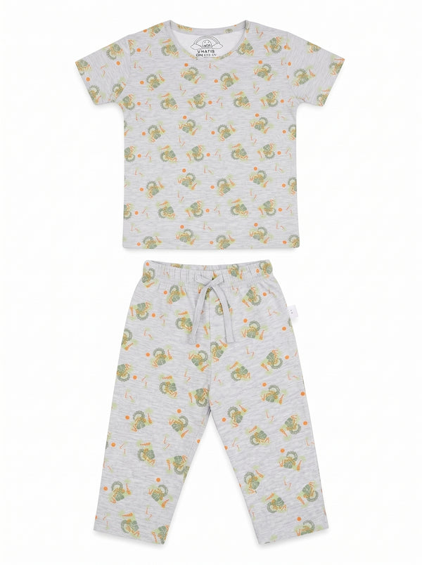 Kids Light Grey Jungle Print T-Shirt and Pants Set — Light Grey cotton babywear, front view