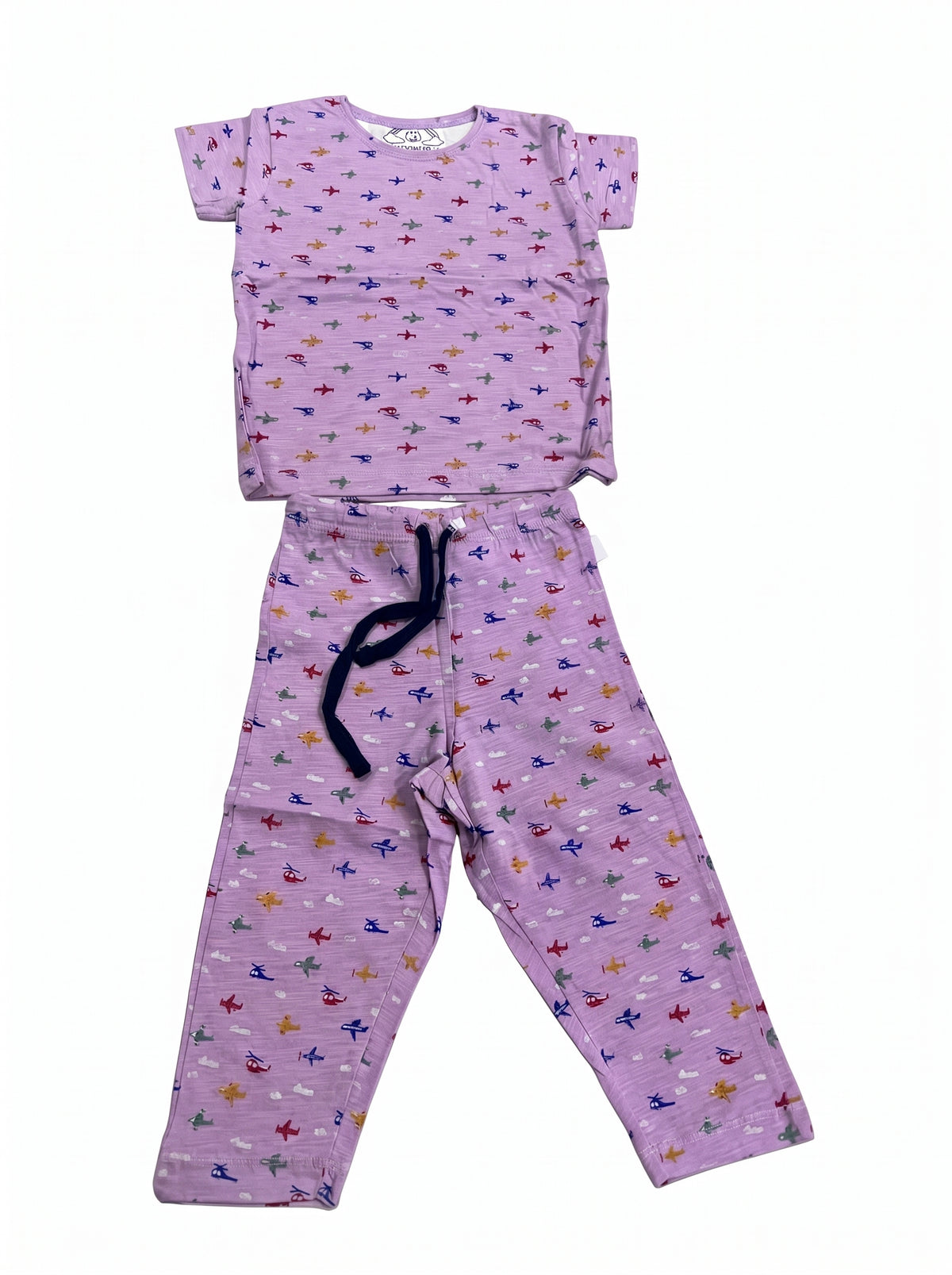Kids Lilac Aeroplane T-Shirt and Pants Set — Lilac cotton babywear, front view