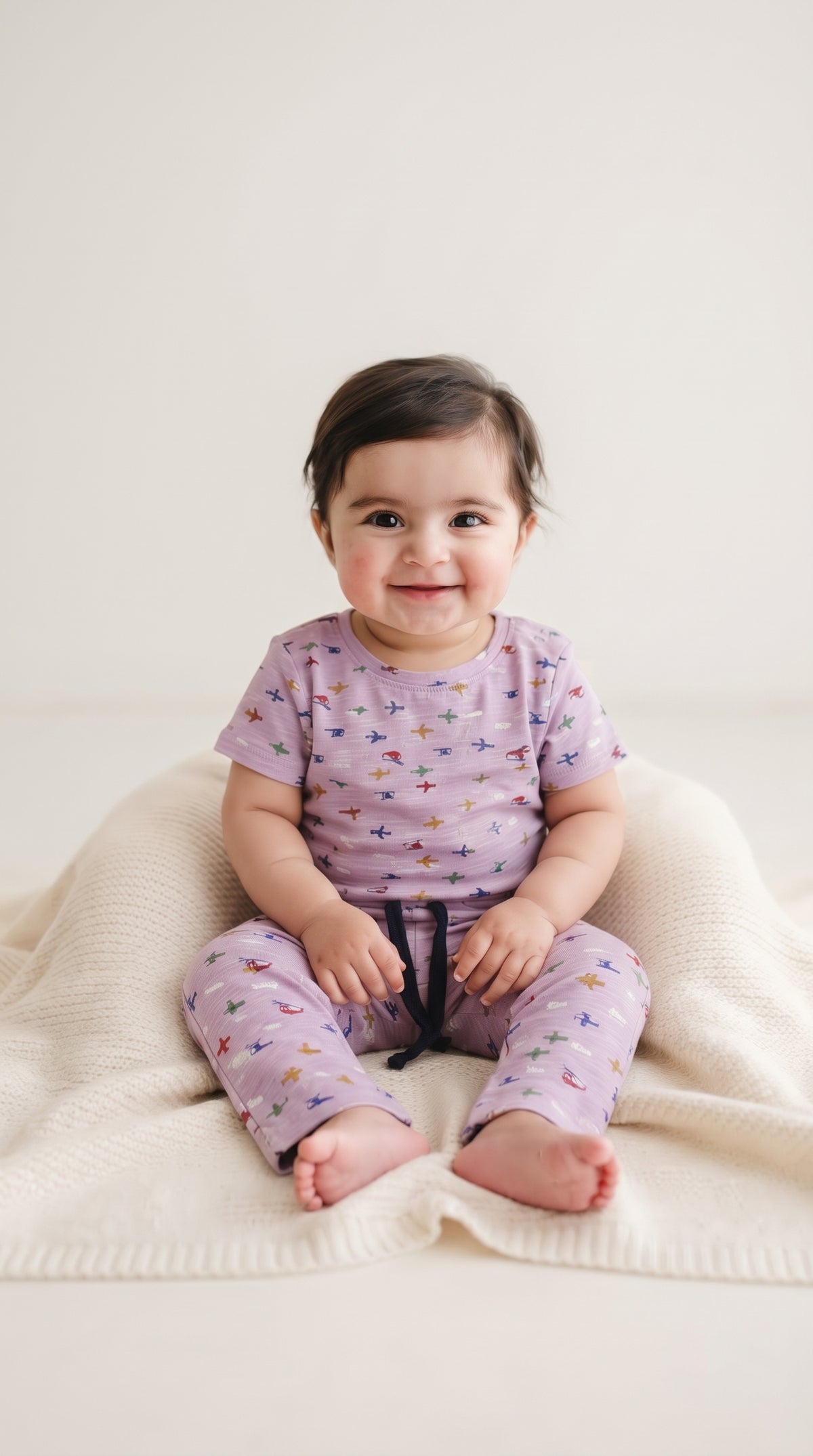 Baby wearing the Kids Lilac Aeroplane T-Shirt and Pants Set