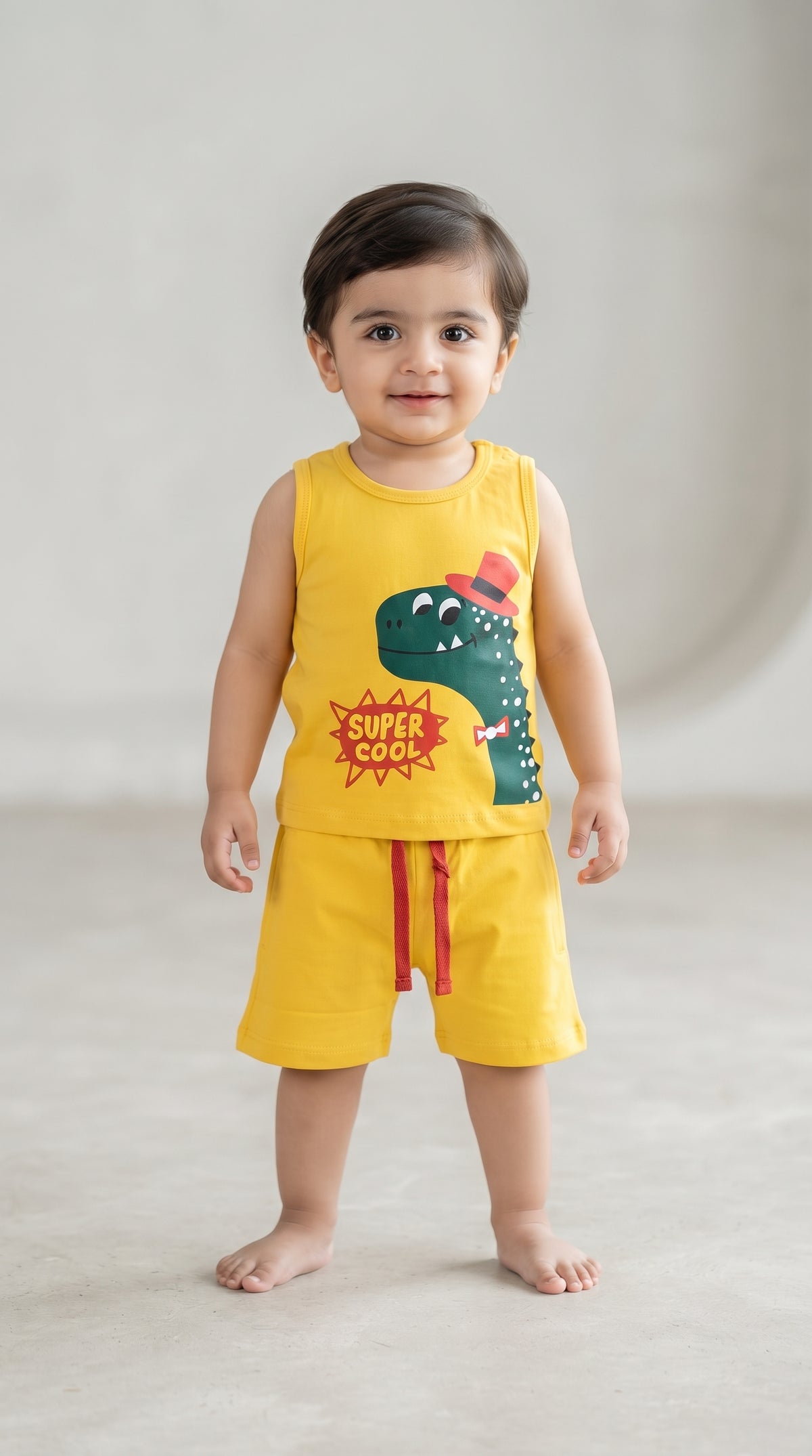 Baby wearing the Yellow Super Cool Dinosaur Tank and Shorts Set