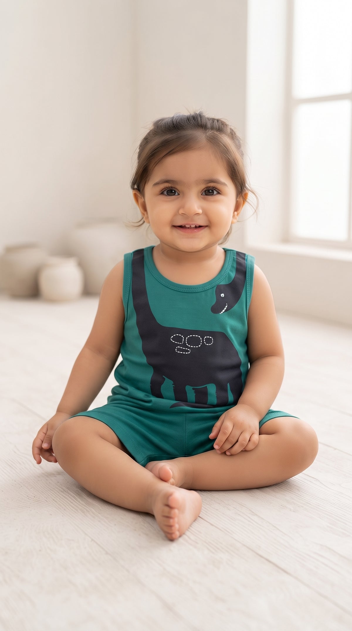 Baby wearing the Teal Long Neck Dinosaur Tank and Shorts Set