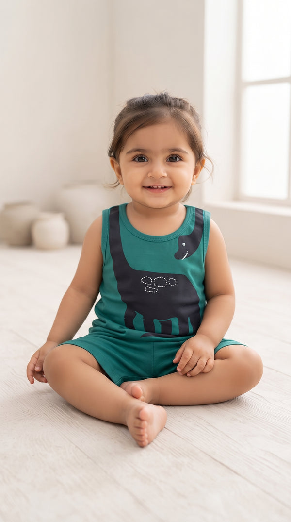 Baby wearing the Teal Long Neck Dinosaur Tank and Shorts Set