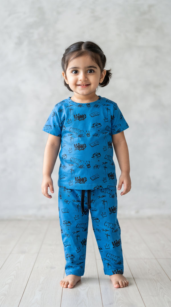 Baby wearing the Kids Blue Graffiti King T-Shirt and Pants Set